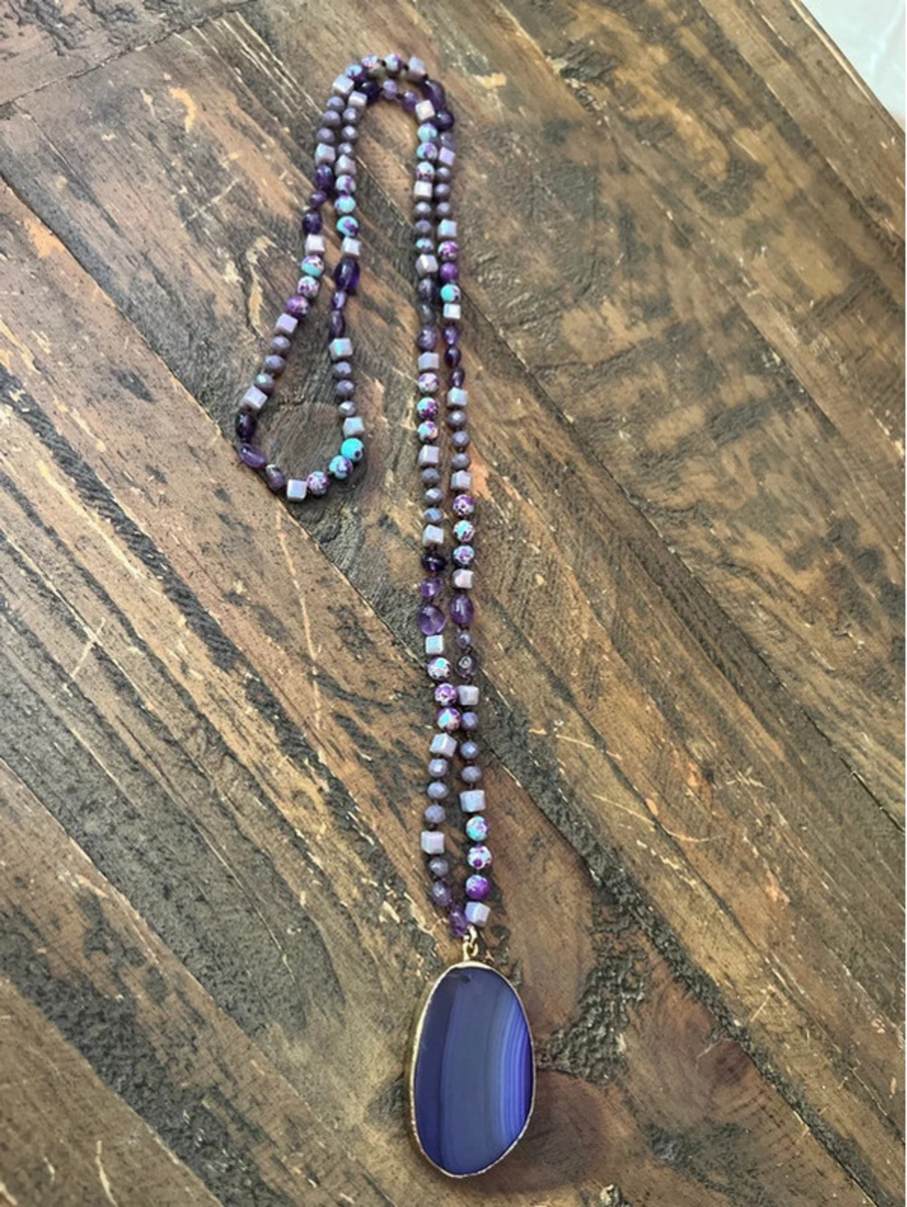 0077 Boho Purple Agate Slice Pendant Beaded Necklace Long